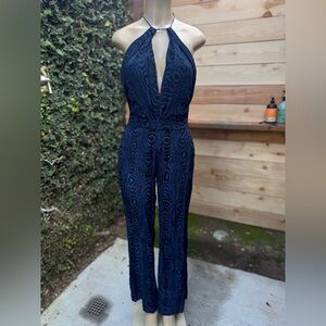 Diane Von Furstenberg Navy Patterned Halter Jumpsuit